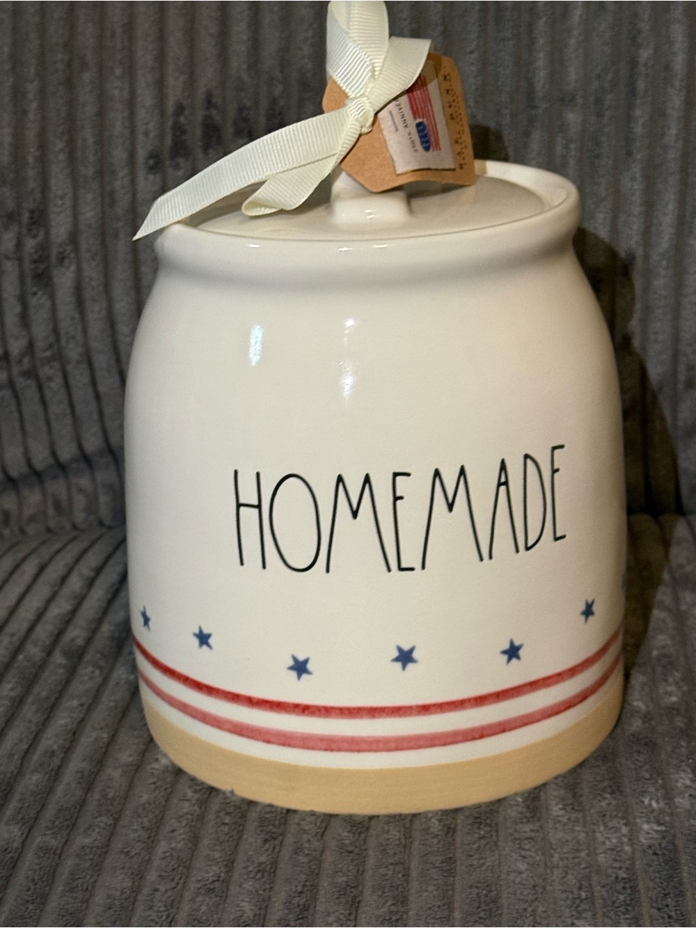 Rae Dunn White Ceramic Canister with Red Stripes & Blue Stars- HOMEMADE- NWT